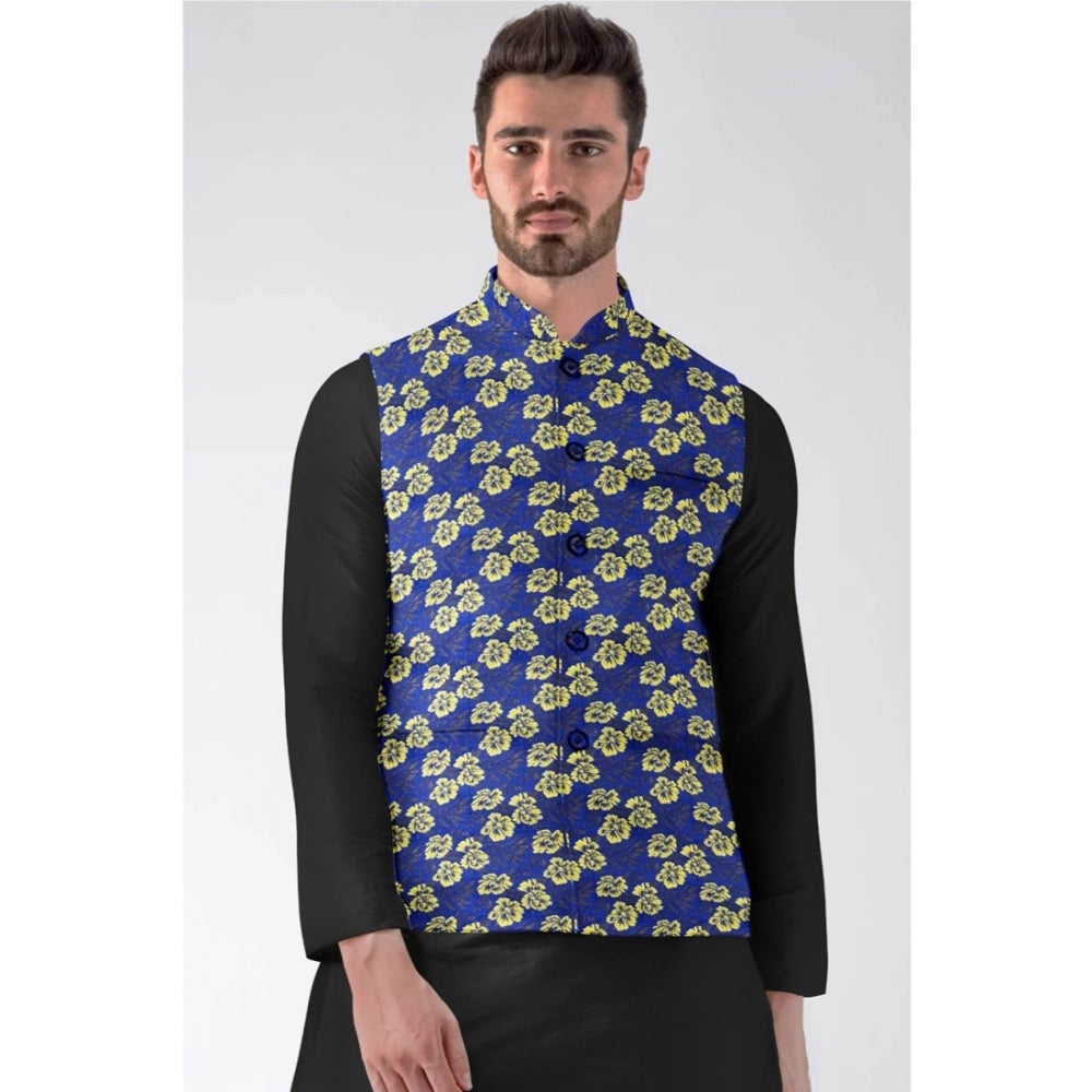 Indoraa Men's Jacquard Printed Full Sleeve Waistcoat (Blue)