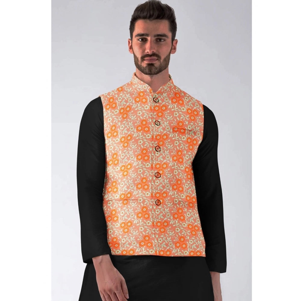 Indoraa Men's Jacquard Printed Full Sleeve Waistcoat (Orange)