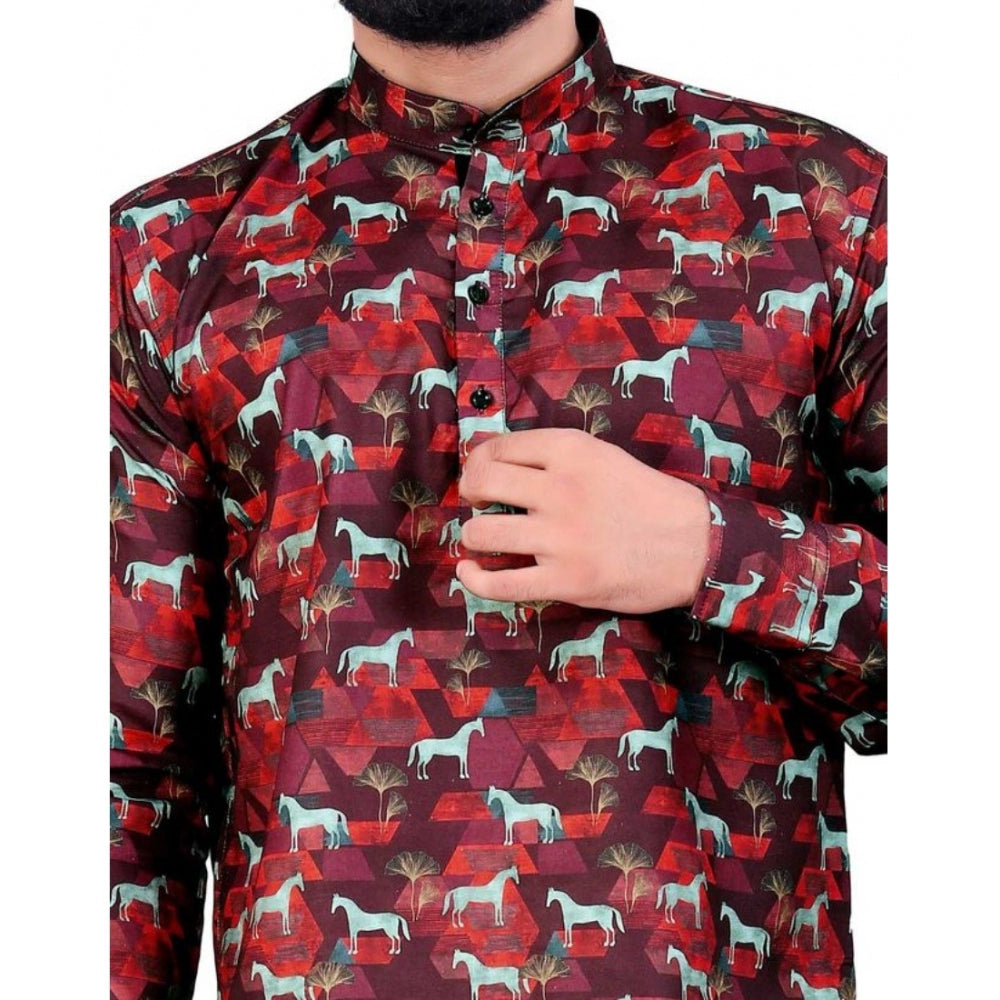 Indoraa Men's Cotton Blended Printed Full Sleeve Shortkurta (Multicolor)
