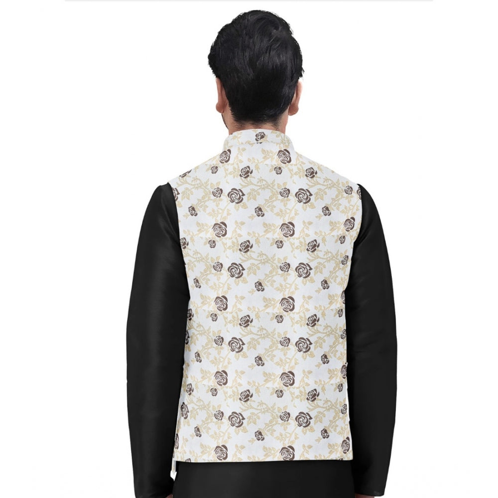 Indoraa Men's Jacquard Printed Full Sleeve Waistcoat (Beige)