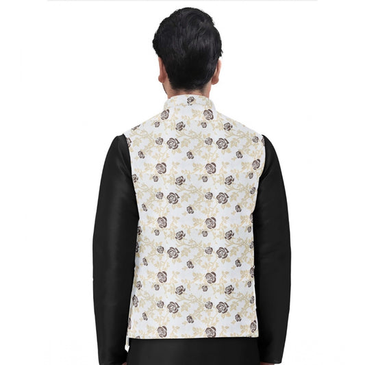 Indoraa Men's Jacquard Printed Full Sleeve Waistcoat (Beige)