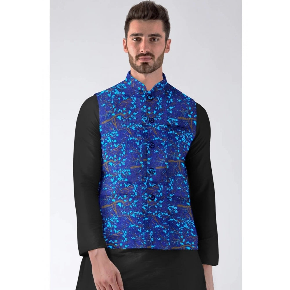 Indoraa Men's Jacquard Printed Full Sleeve Waistcoat (Blue)