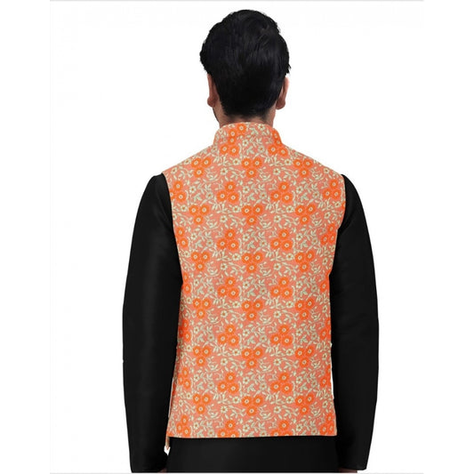 Indoraa Men's Jacquard Printed Full Sleeve Waistcoat (Orange)