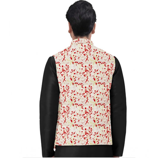 Indoraa Men's Jacquard Printed Full Sleeve Waistcoat (Red-Beige)