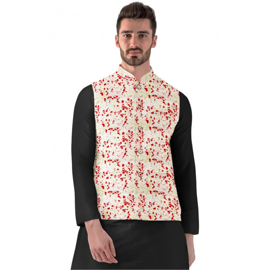 Indoraa Men's Jacquard Printed Full Sleeve Waistcoat (Red-Beige)