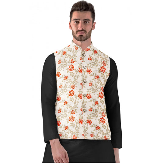 Indoraa Men's Jacquard Printed Full Sleeve Waistcoat (Orange-Beige)