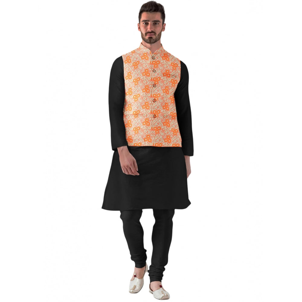 Indoraa Men's Jacquard Printed Full Sleeve Waistcoat (Orange)