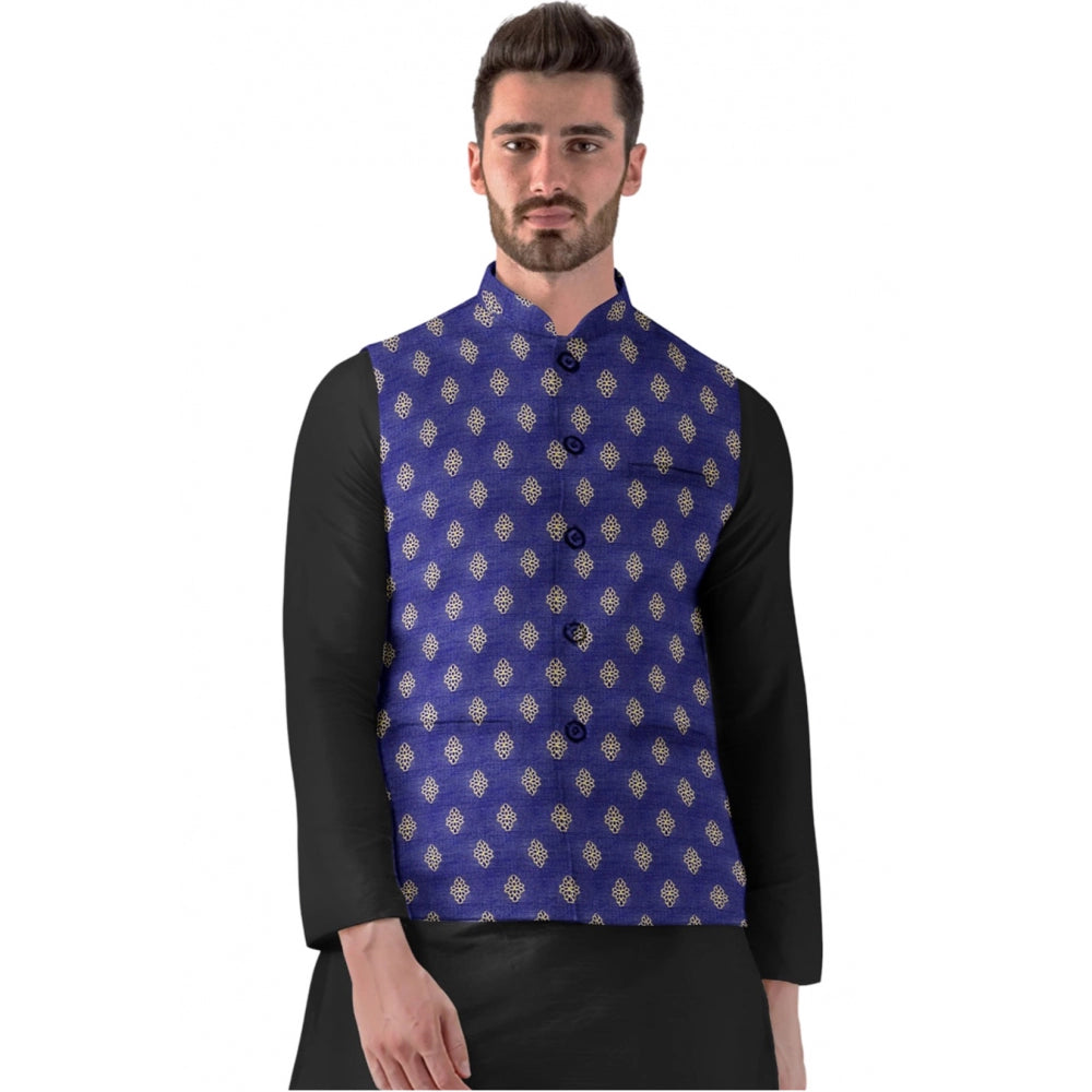 Indoraa Men's Jacquard Printed Full Sleeve Waistcoat (Blue)
