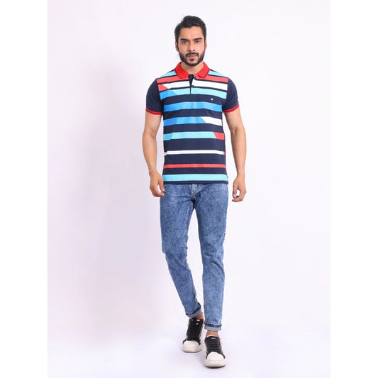 Indoraa Men's Casual Cotton Printed Polo Neck Half Sleeve T-Shirt (Navy)