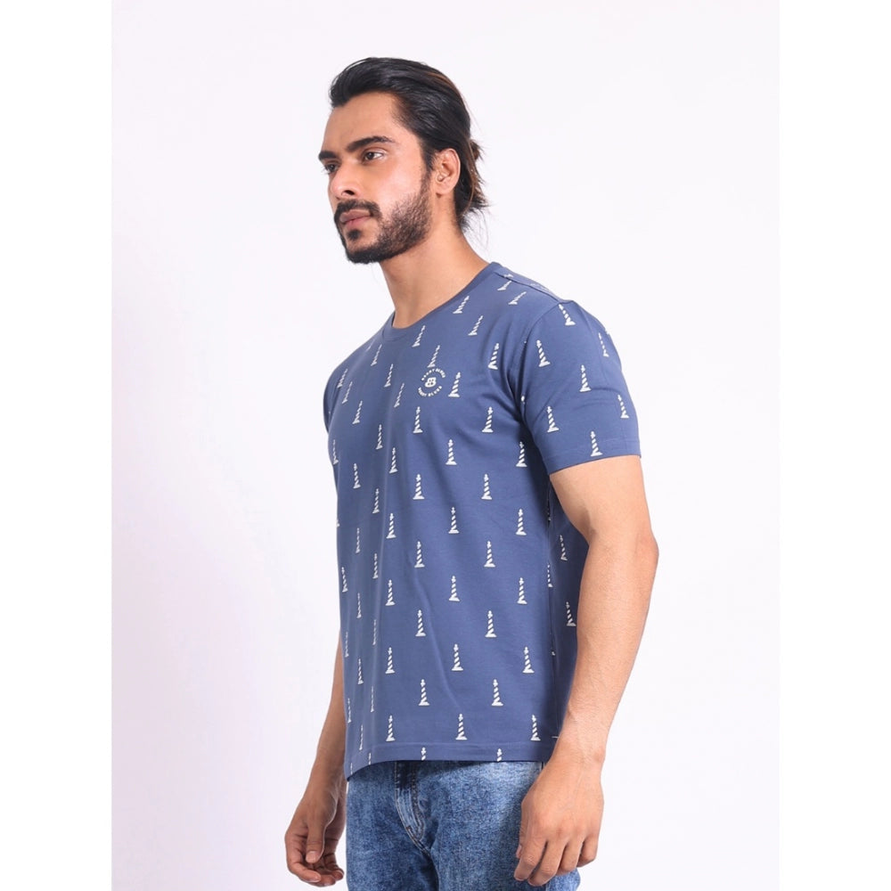 Indoraa Men's Casual Cotton Printed Round Neck Half Sleeve T-Shirt (Blue)