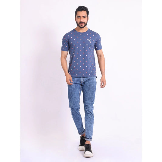 Indoraa Men's Casual Cotton Printed Round Neck Half Sleeve T-Shirt (Blue)