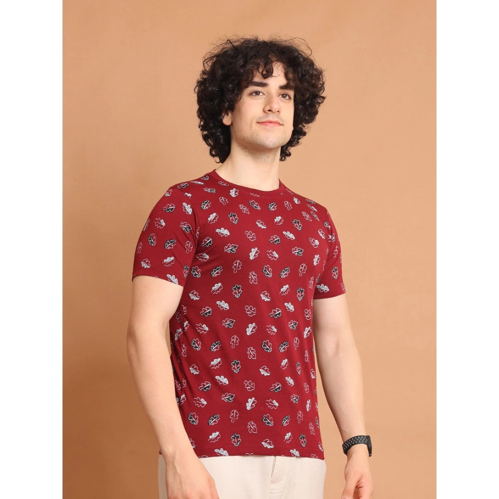 Indoraa Men's Casual Cotton Printed Round Neck Half Sleeve T-Shirt (Maroon)