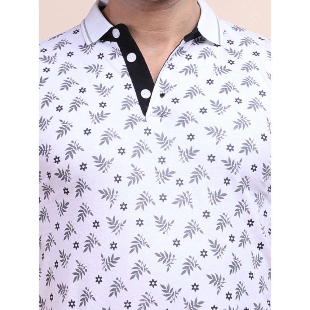 Indoraa Men's Casual Cotton Printed Polo Neck Half Sleeve T-Shirt (White)