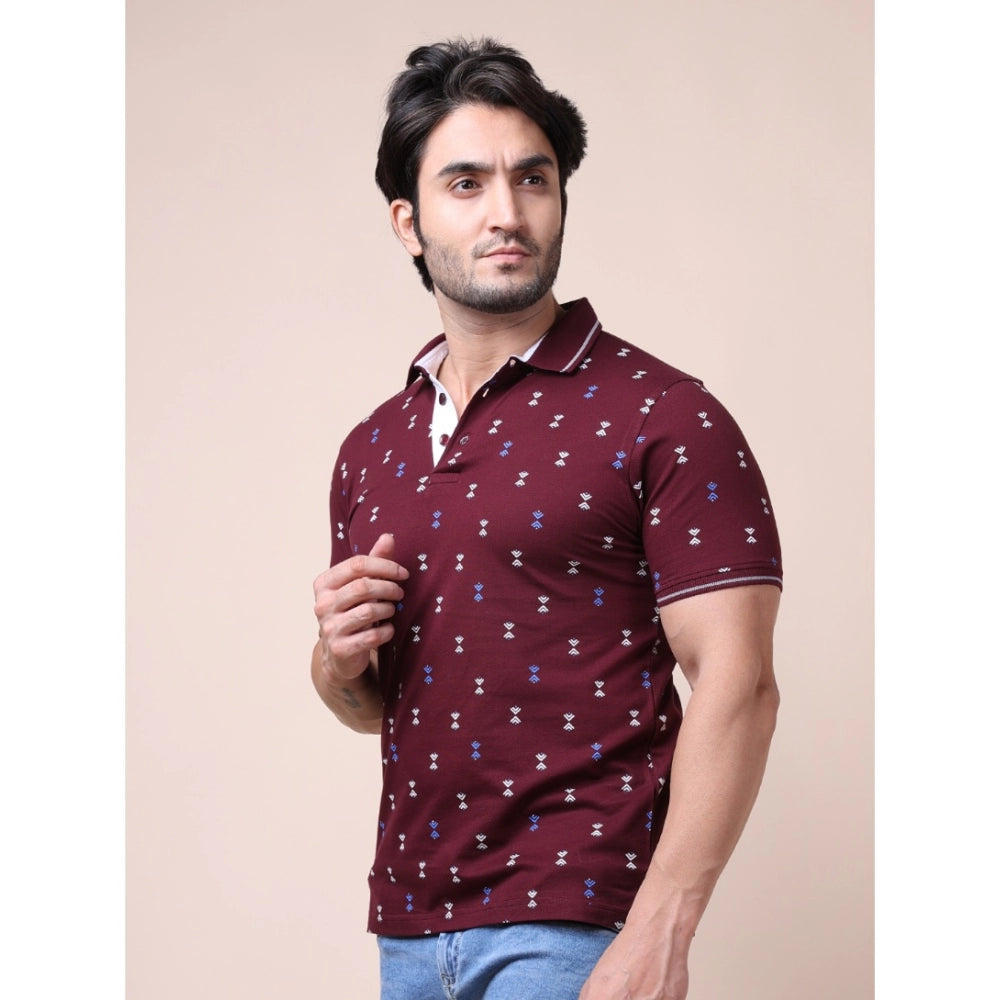 Indoraa Men's Casual Cotton Printed Polo Neck Half Sleeve T-Shirt (Plum)