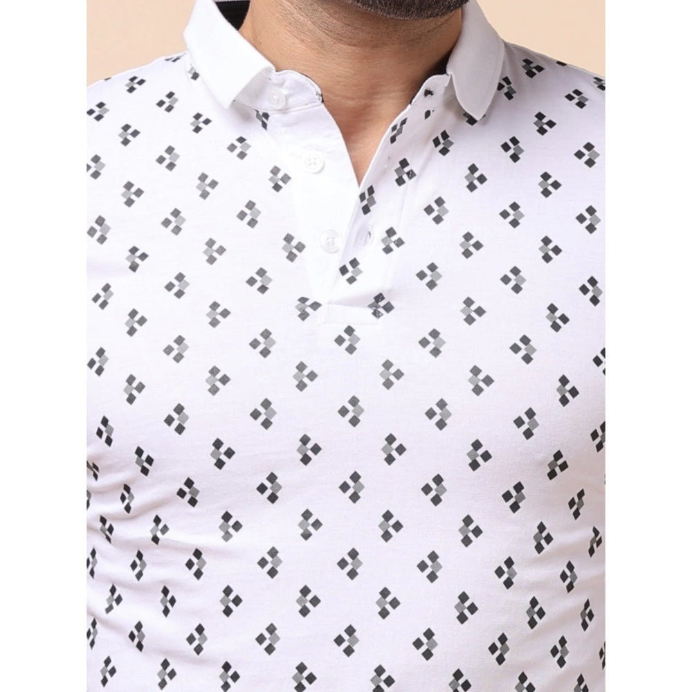 Indoraa Men's Casual Cotton Printed Polo Neck Half Sleeve T-Shirt (White)