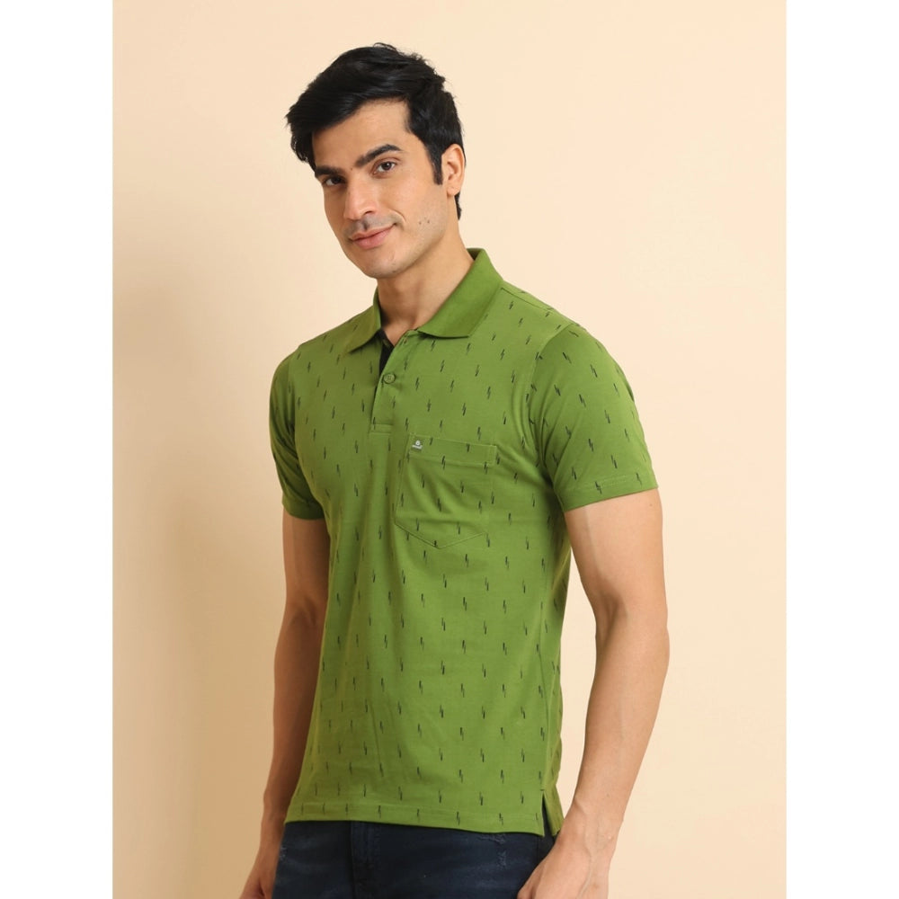 Indoraa Men's Casual Cotton Printed Polo Neck Half Sleeve T-Shirt (Green)