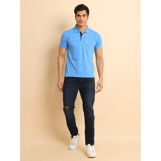 Indoraa Men's Casual Cotton Printed Polo Neck Half Sleeve T-Shirt (Blue)