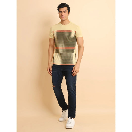 Indoraa Men's Casual Cotton Printed Round Neck Half Sleeve T-Shirt (Beige)
