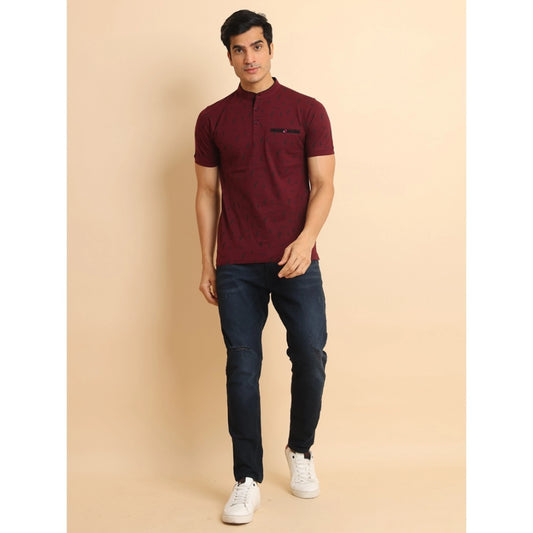 Indoraa Men's Casual Cotton Printed Mandarin Collar Half Sleeve T-Shirt (Plum)