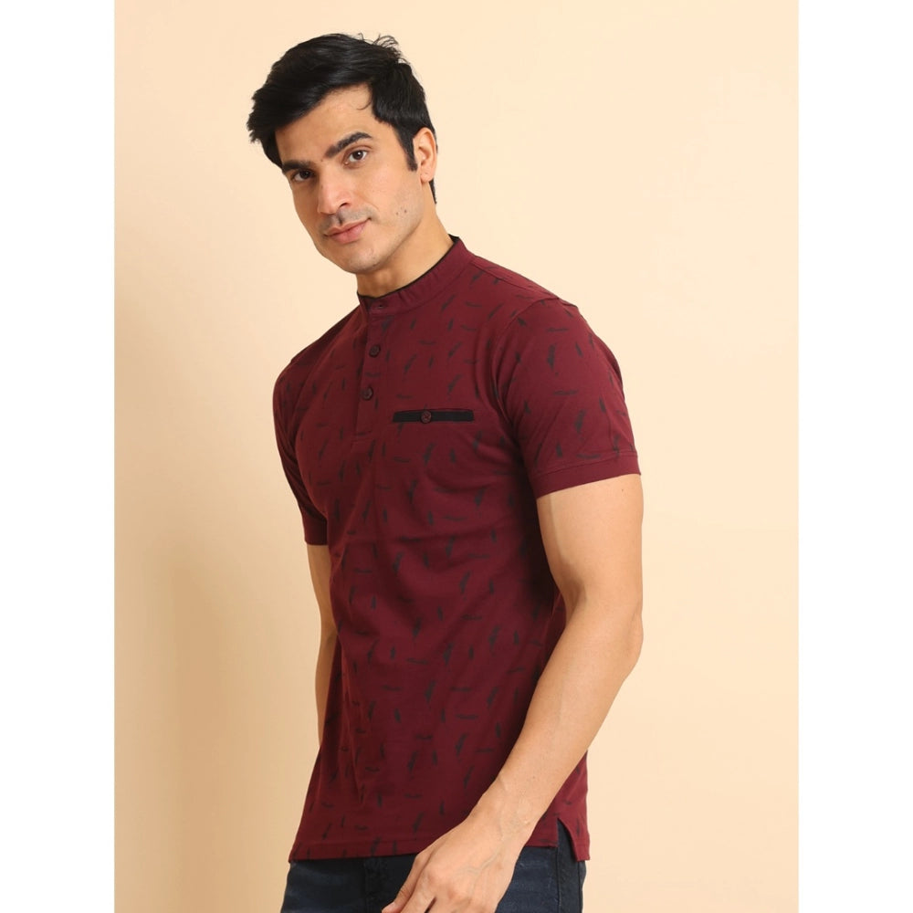 Indoraa Men's Casual Cotton Printed Mandarin Collar Half Sleeve T-Shirt (Plum)