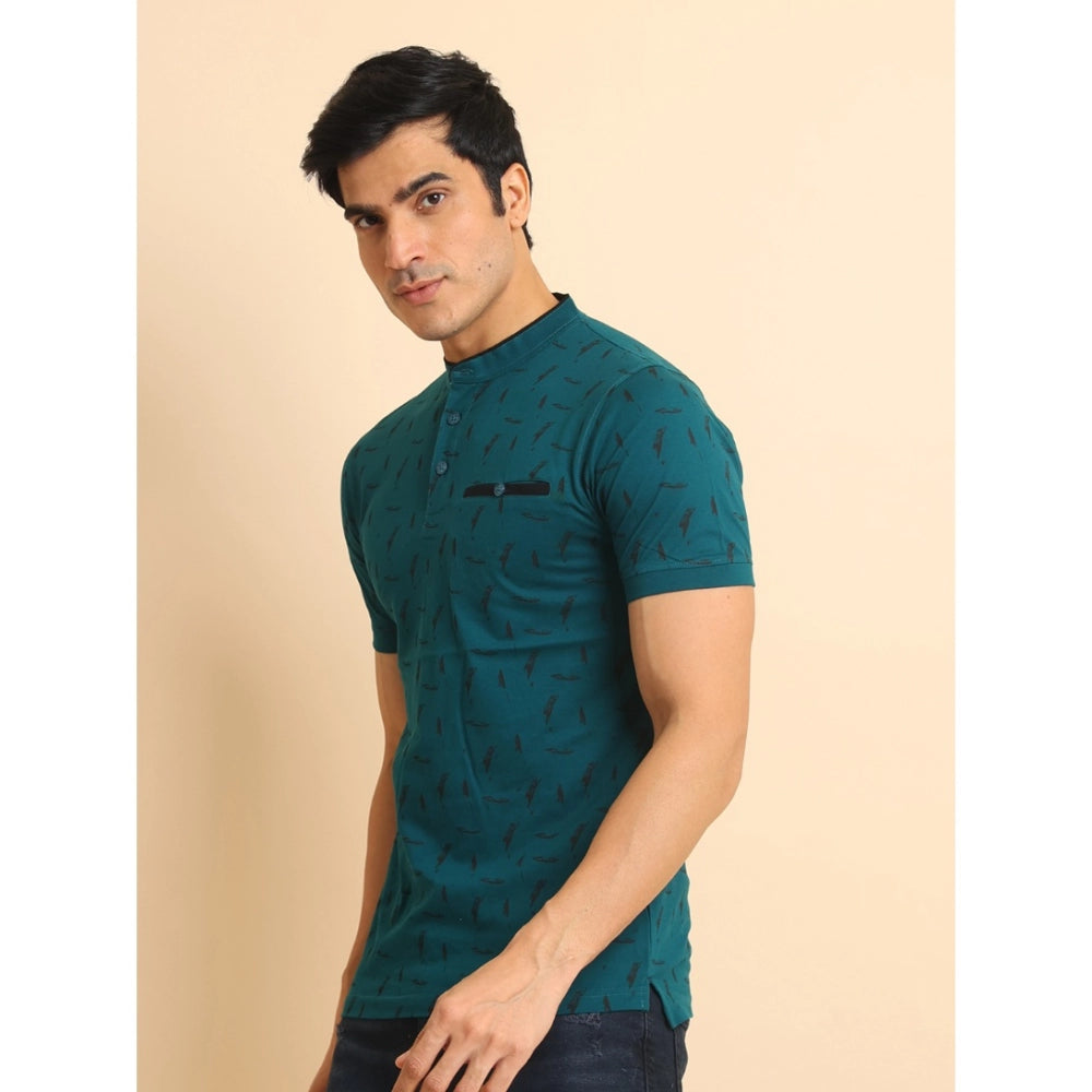 Indoraa Men's Casual Cotton Printed Mandarin Collar Half Sleeve T-Shirt (Green)