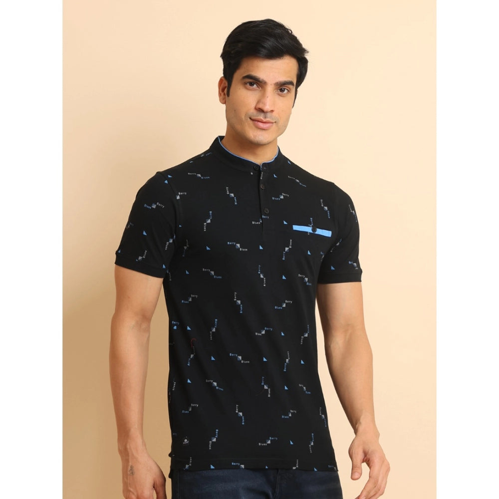 Indoraa Men's Casual Cotton Printed Mandarin Collar Half Sleeve T-Shirt (Navy)