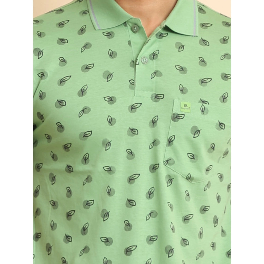 Indoraa Men's Casual Cotton Printed Polo Neck Half Sleeve T-Shirt (Light Green)
