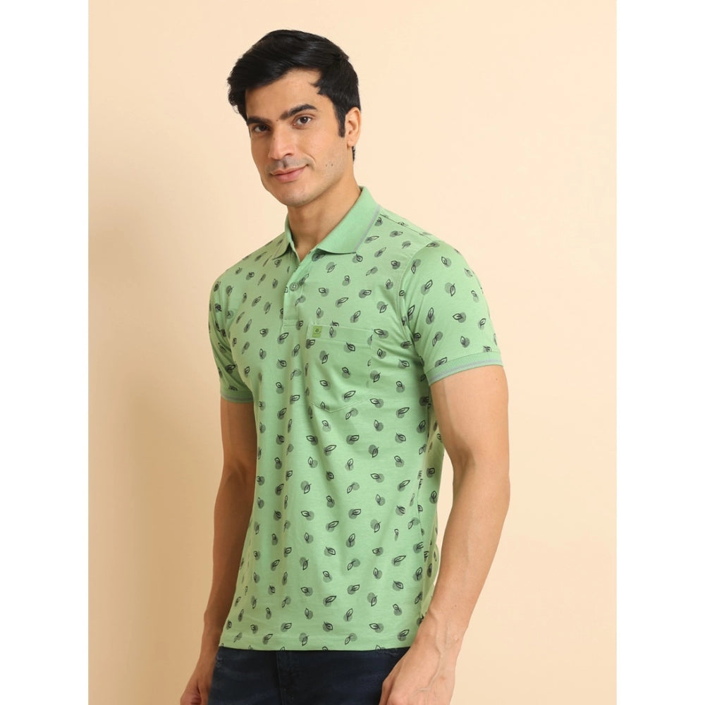 Indoraa Men's Casual Cotton Printed Polo Neck Half Sleeve T-Shirt (Light Green)