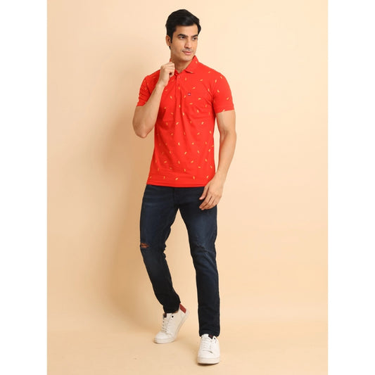 Indoraa Men's Casual Cotton Printed Polo Neck Half Sleeve T-Shirt (Red)