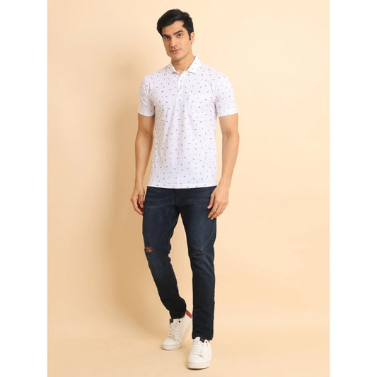 Indoraa Men's Casual Cotton Printed Polo Neck Half Sleeve T-Shirt (White)