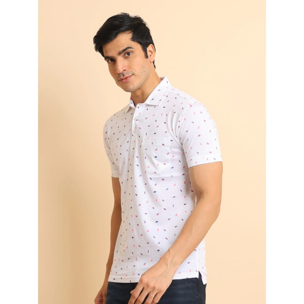 Indoraa Men's Casual Cotton Printed Polo Neck Half Sleeve T-Shirt (White)