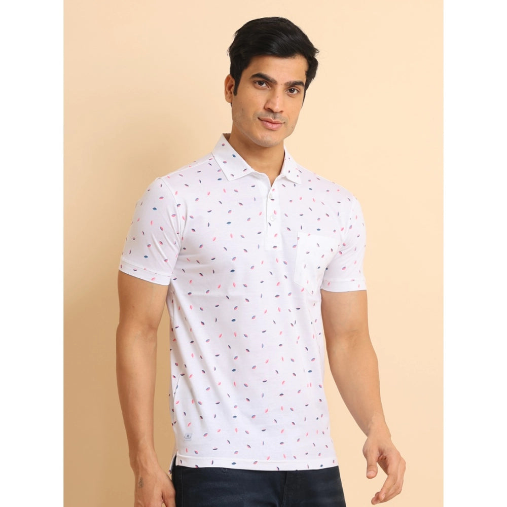Indoraa Men's Casual Cotton Printed Polo Neck Half Sleeve T-Shirt (White)