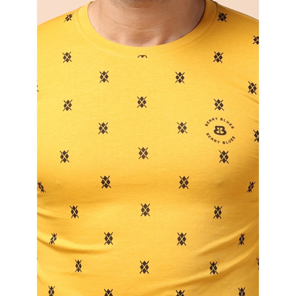 Indoraa Men's Casual Cotton Printed Round Neck Full Sleeve T-Shirt (Mustard)