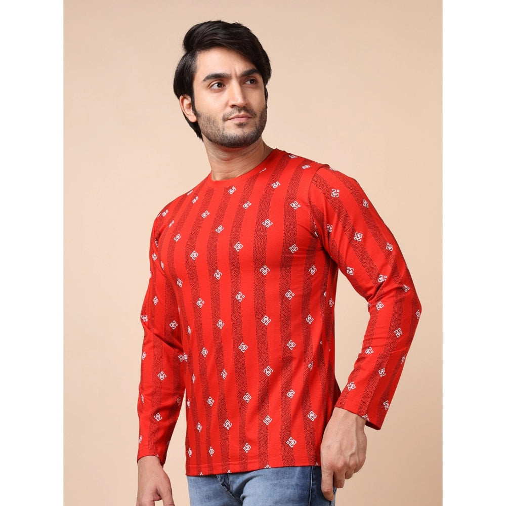 Indoraa Men's Casual Cotton Printed Round Neck Full Sleeve T-Shirt (Red)