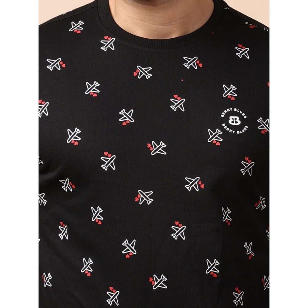 Indoraa Men's Casual Cotton Printed Round Neck Full Sleeve Sweat T-Shirt (Black)