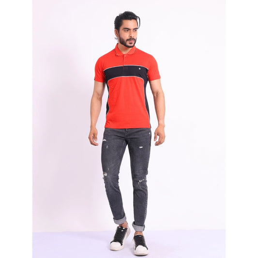 Indoraa Men's Casual Cotton Printed Polo Neck Half Sleeve T-Shirt (Red)