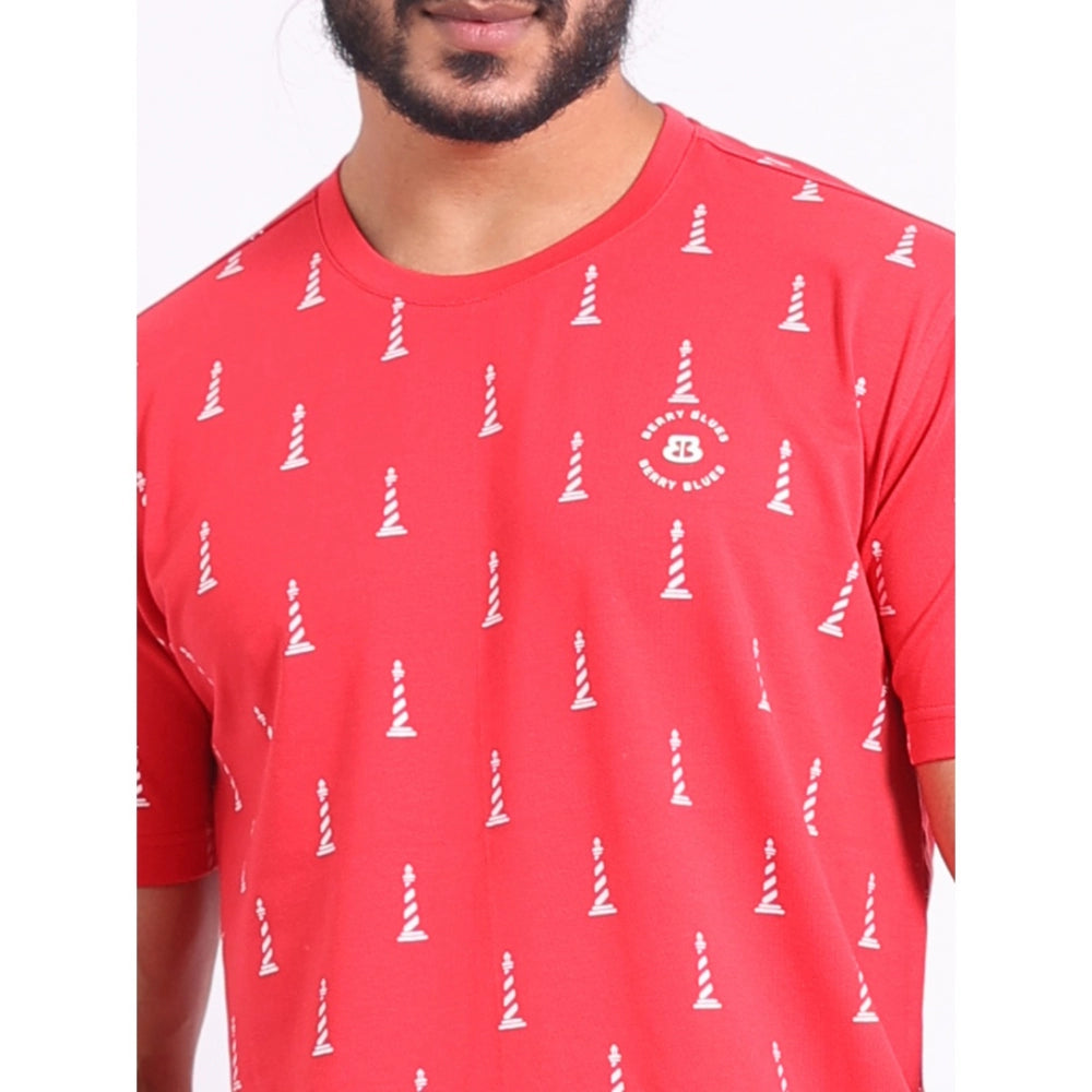 Indoraa Men's Casual Cotton Printed Round Neck Half Sleeve T-Shirt (Red)
