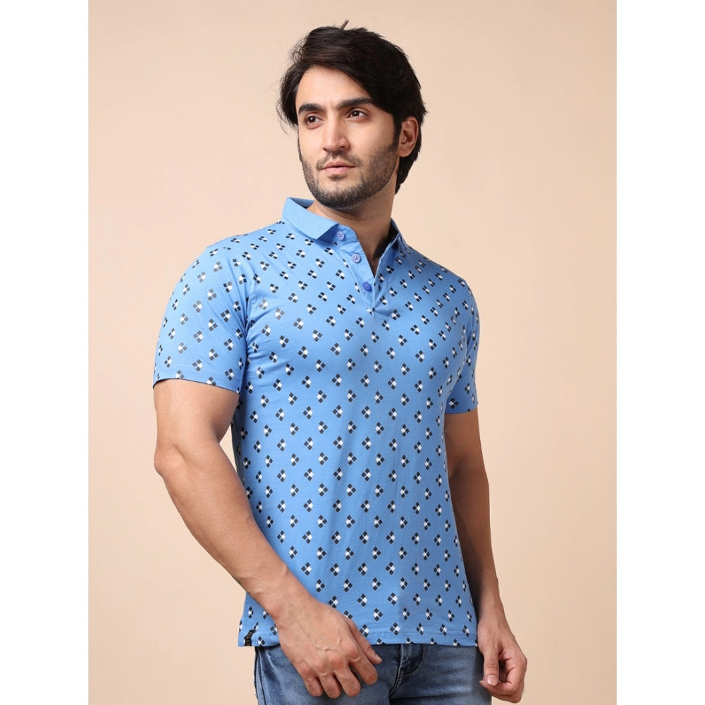 Indoraa Men's Casual Cotton Printed Polo Neck Half Sleeve T-Shirt (Blue)