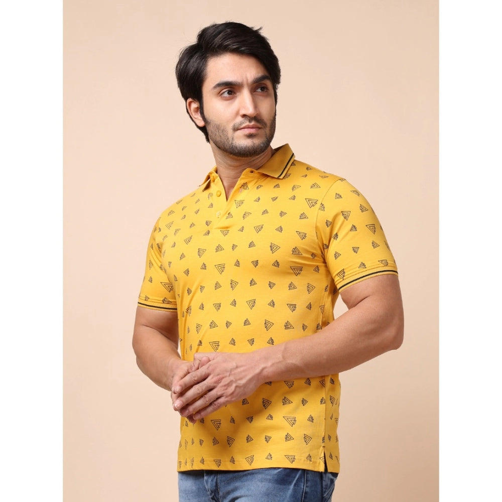 Indoraa Men's Casual Cotton Printed Polo Neck Half Sleeve T-Shirt (Mustard)
