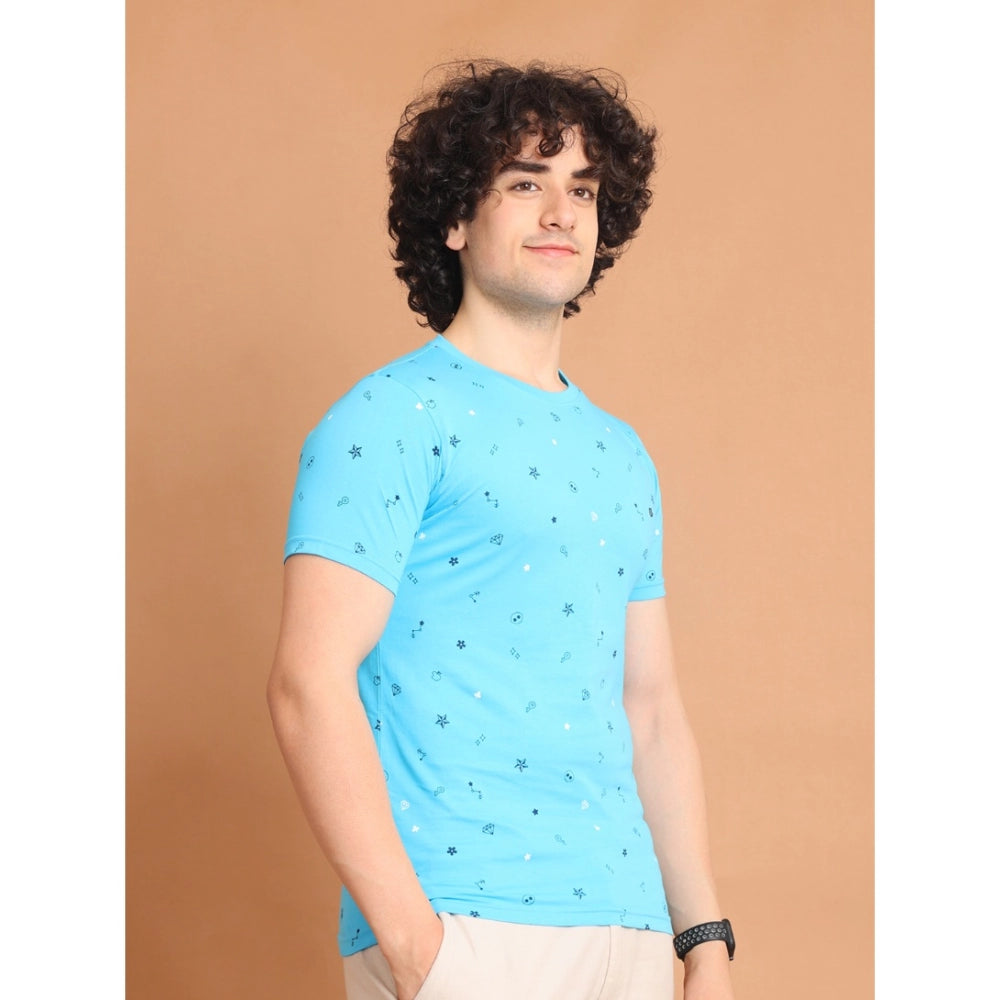 Indoraa Men's Casual Cotton Printed Round Neck Half Sleeve T-Shirt (Skyblue)