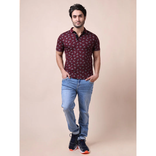 Indoraa Men's Casual Cotton Printed Polo Neck Half Sleeve T-Shirt (Plum)