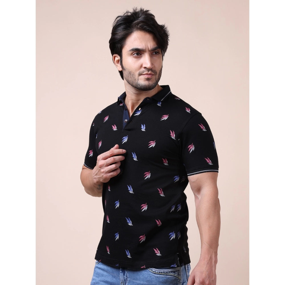 Indoraa Men's Casual Cotton Printed Polo Neck Half Sleeve T-Shirt (Black)