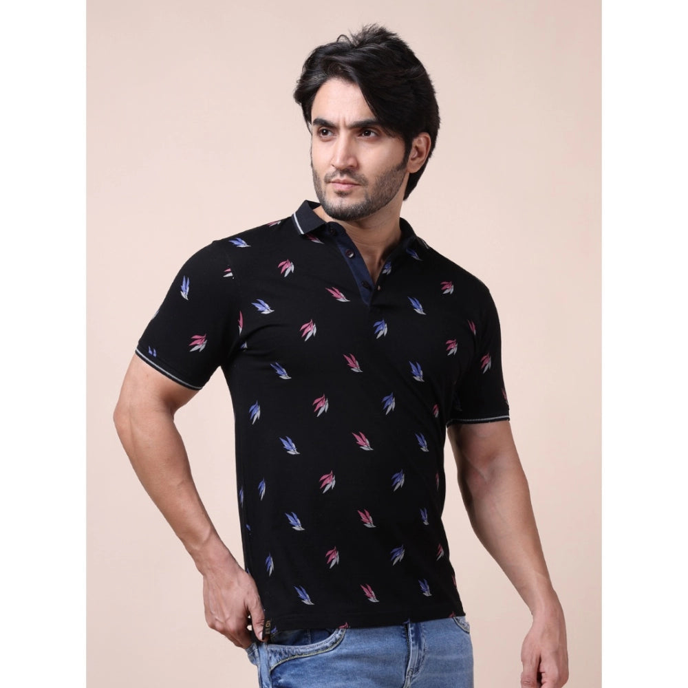 Indoraa Men's Casual Cotton Printed Polo Neck Half Sleeve T-Shirt (Black)