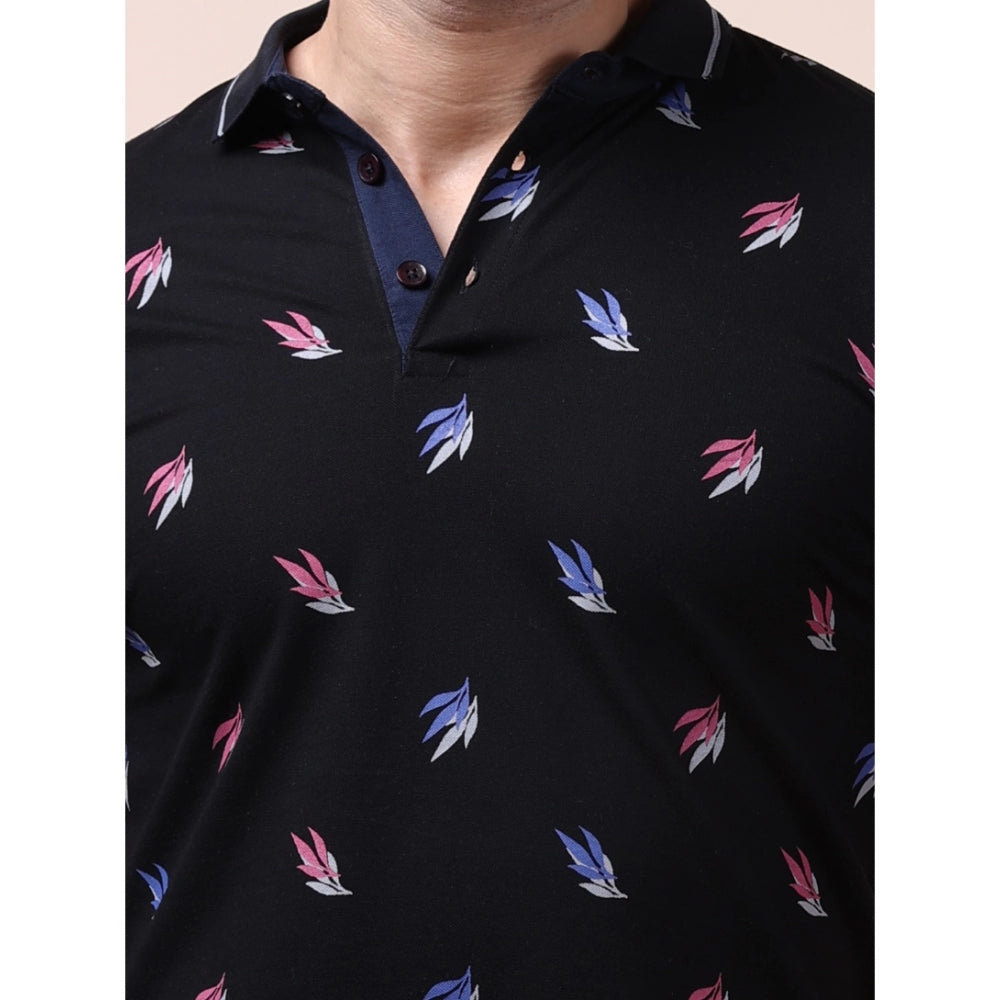 Indoraa Men's Casual Cotton Printed Polo Neck Half Sleeve T-Shirt (Black)