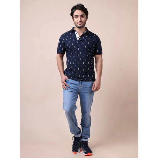 Indoraa Men's Casual Cotton Printed Polo Neck Half Sleeve T-Shirt (Navy)