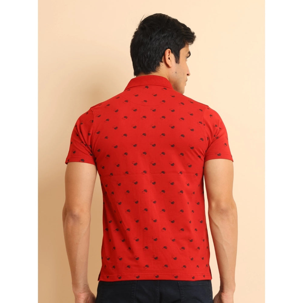 Indoraa Men's Casual Cotton Printed Polo Neck Half Sleeve T-Shirt (Red)