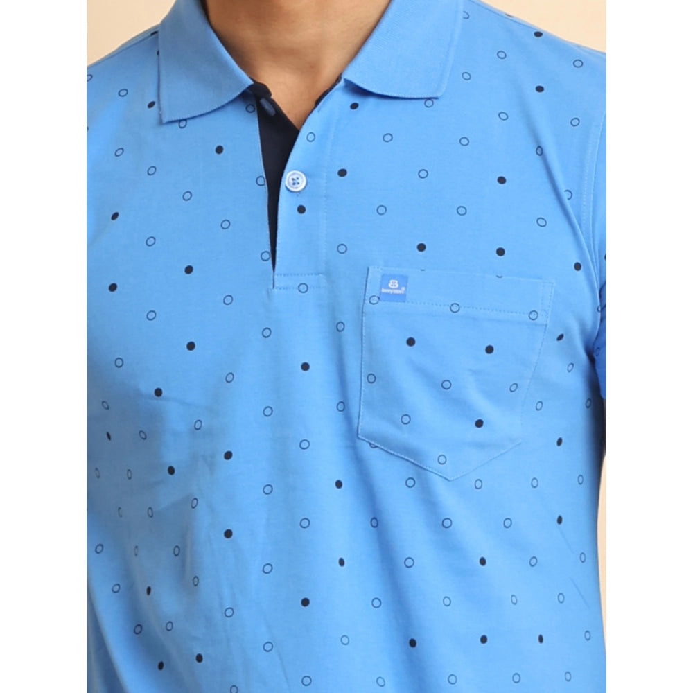 Indoraa Men's Casual Cotton Printed Polo Neck Half Sleeve T-Shirt (Blue)