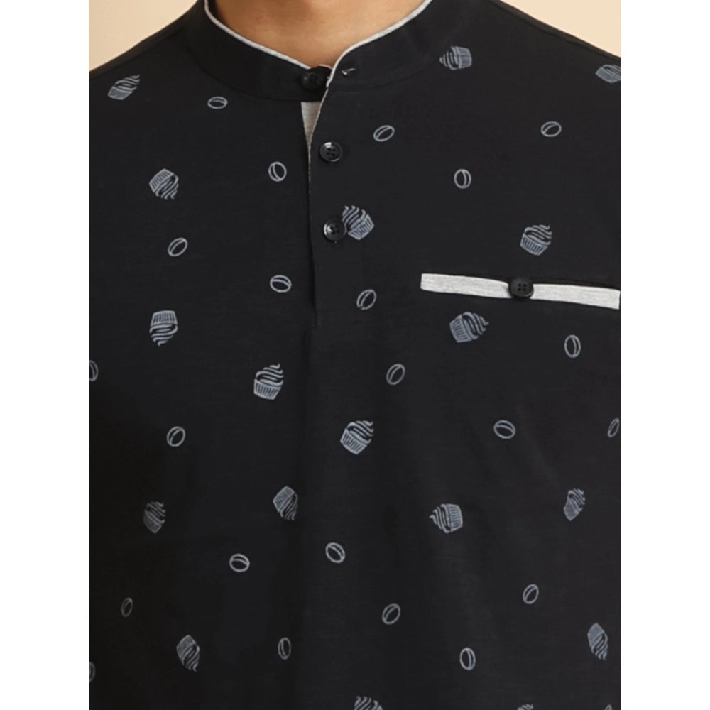 Indoraa Men's Casual Cotton Printed Mandarin Collar Half Sleeve T-Shirt (Black)