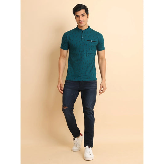 Indoraa Men's Casual Cotton Printed Mandarin Collar Half Sleeve T-Shirt (Green)