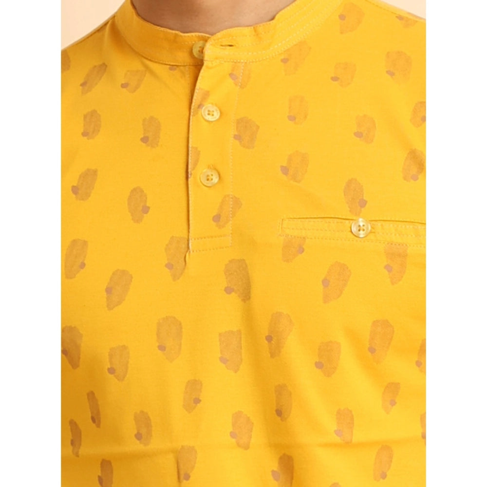 Indoraa Men's Casual Cotton Printed Mandarin Collar Half Sleeve T-Shirt (Mustard)